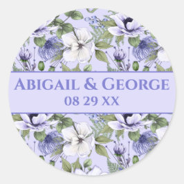 Pegatina Redonda Periwinkle Florals Purple Wedding Favor