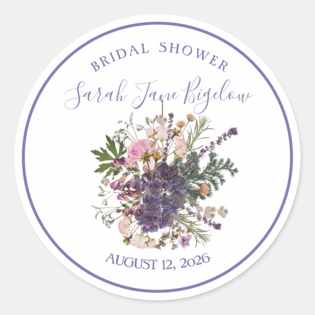 Pegatina Redonda Periwinkle Pressed Wildflower Boho Bridal Shower (Anverso)