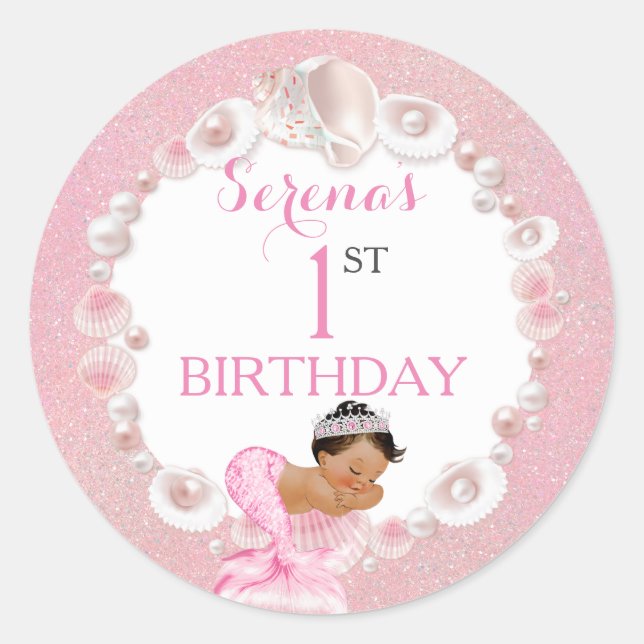 Pegatina Redonda Perlas de la concha rosada de la niña de origen ét (Anverso)
