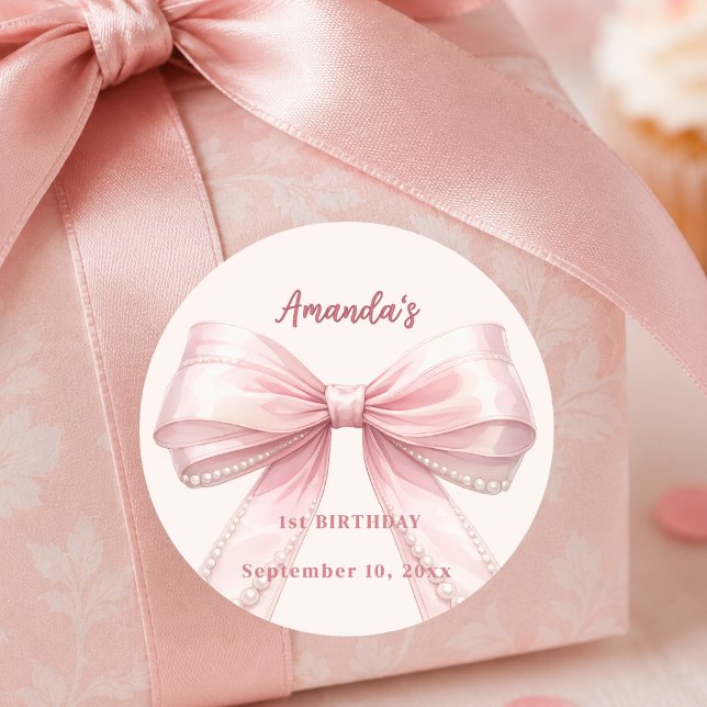 Pegatina Redonda Perlas de lazo rosa cumpleaños coquette (Subido por el creador)