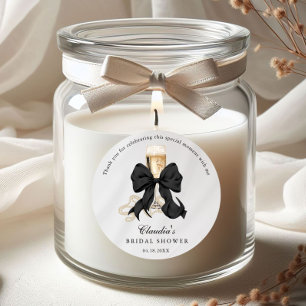Pegatina Redonda Perlas Elegantes y Prosecco con Lazo Negro para De