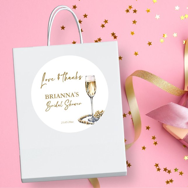 Pegatina Redonda Perlas y ducha de novia prosecco gracias a favor (Pearls and prosecco bridal shower thank you favor sticker champagne glass and pearls themed favors)