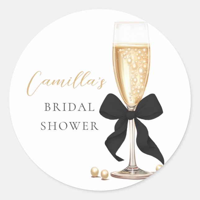 Pegatina Redonda Perlas y Prosecco Black Bow Bridal Shower (Anverso)
