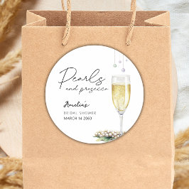 Pegatina Redonda Perlas Y Prosecco Elegante Vegetación Ducha Bridal