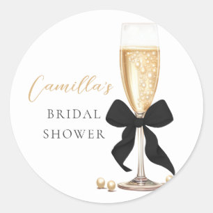 Pegatina Redonda Perlas y Prosecco Lazo Negro Despedida de Soltera