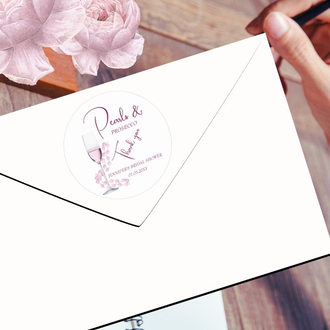 Pegatina Redonda Perlas y Prosecco Moderno Agradecimiento Bridal Sh (Subido por el creador)