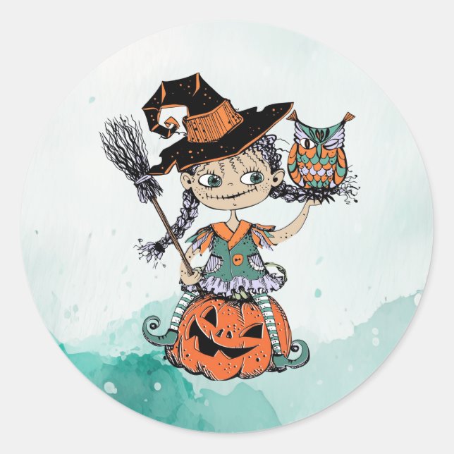 Pegatina Redonda Perra y lechuza Doodle Halloween (Anverso)