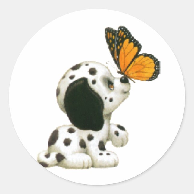 Pegatina Redonda Perrito dálmata con la mariposa (Anverso)