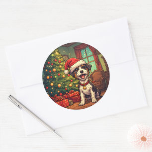 Pegatina Redonda Perrito Desaliñado Gorro de Santa Claus Árbol de N