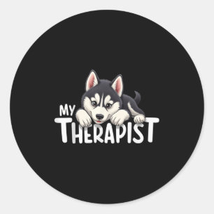Pegatina Redonda Perrito Divertido Mi Terapeuta Perro Husky Siberia