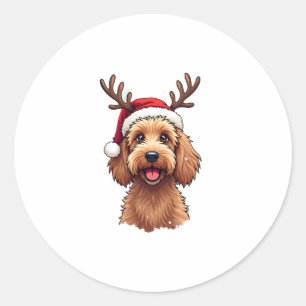 Pegatina Redonda Perrito Goldendoodle de Navidad Reno Cordero Festi
