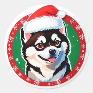 Pegatina Redonda Perrito Navideño Adorable Círculo Navideño Festivo