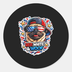 Pegatina Redonda Perrito pug divertido rojo blanco y woof patriótic