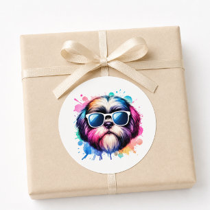 Pegatina Redonda Perrito Shih Tzu Fresco con Gafas de Sol
