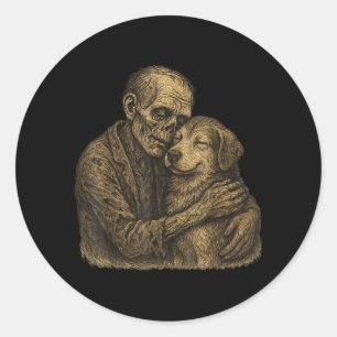 Pegatina Redonda Perro abrazando zombie gótico de Halloween Amantes
