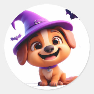 Pegatina Redonda Perro Adorable con Sombrero de Bruja
