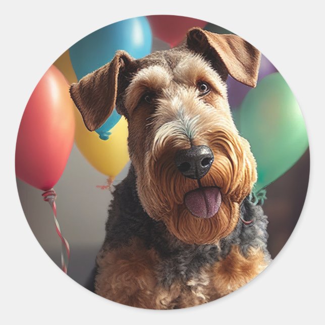 Pegatina Redonda Perro Airedale con pastel y globos (Anverso)