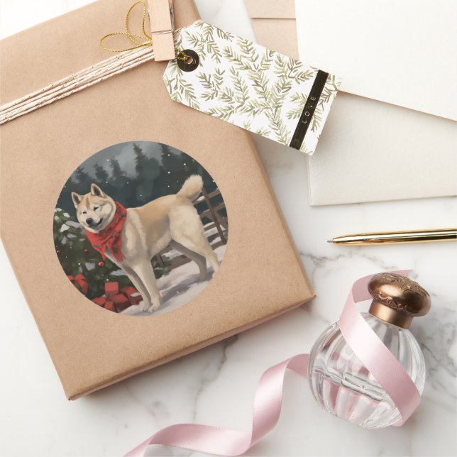 Pegatina Redonda Perro Akita en Navidades de nieve (Regalar)