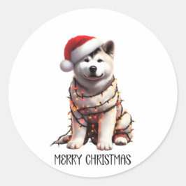Pegatina Redonda Perro Akita Envuelto En Luz De Navidades
