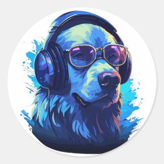 Pegatina Redonda Perro amante de la música con audífonos