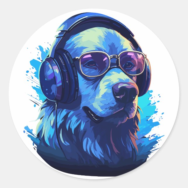 Pegatina Redonda Perro amante de la música con audífonos (Anverso)