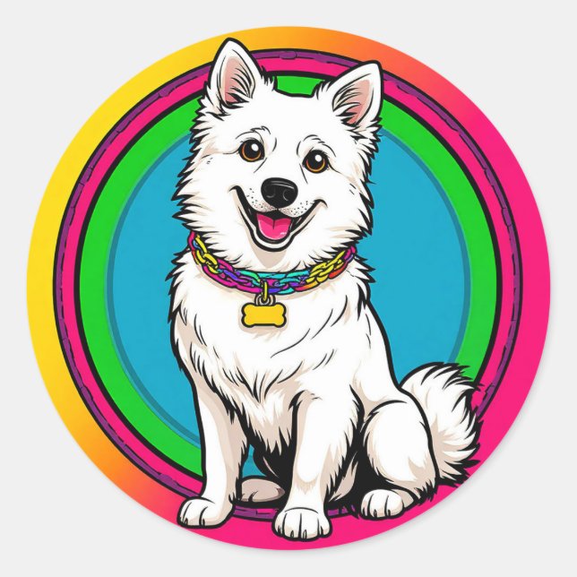 Pegatina Redonda Perro Animado Adorable con Collar (Anverso)