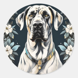Pegatina Redonda Perro Animal Gran Dane Floral