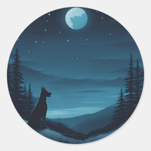 Pegatina Redonda Perro bajo la luz de la luna