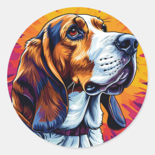 Pegatina Redonda Perro Basset Hound con fondo colorido