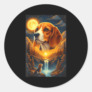 Pegatina Redonda Perro Beagle aullando a la luna