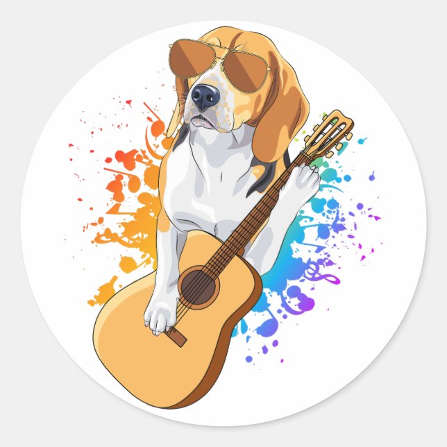 Pegatina Redonda Perro Beagle con gafas de sol tocando guitarra (Anverso)