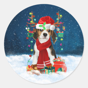 Pegatina Redonda Perro Beagle con regalos de Navidades