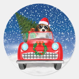 Pegatina Redonda Perro Beagle Conductor Auto En Navidades De Nieve