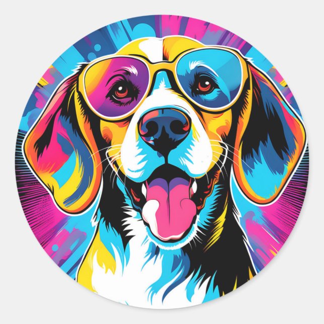 Pegatina Redonda Perro Beagle Dinámico (Anverso)