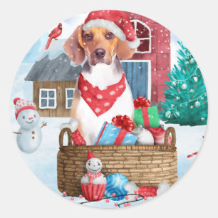 Pegatina Redonda Perro Beagle en casa de Navidad con nieve
