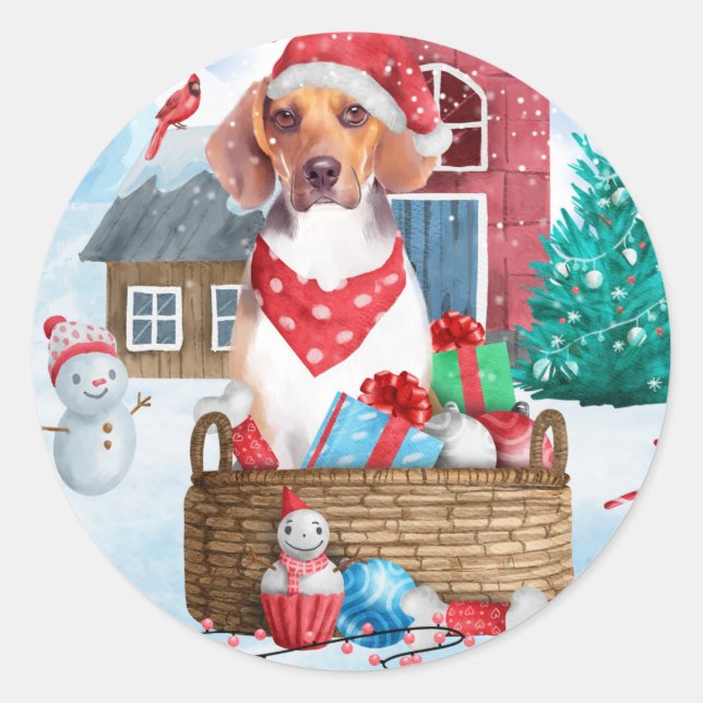 Pegatina Redonda Perro Beagle en casa de Navidad con nieve (Anverso)