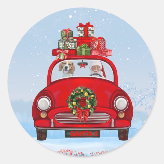 Pegatina Redonda Perro Beagle En Coche Con Santa Claus (Anverso)