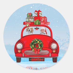 Pegatina Redonda Perro Beagle En Coche Con Santa Claus