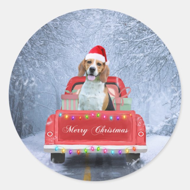 Pegatina Redonda Perro Beagle en Nieve sentado en un camión de Navi (Anverso)