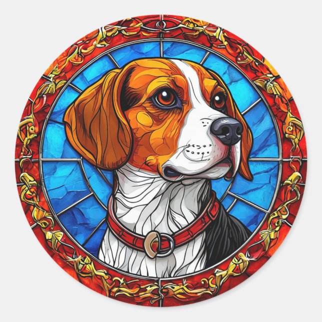 Pegatina Redonda Perro Beagle en un vibrante arte de vidrio manchad (Anverso)