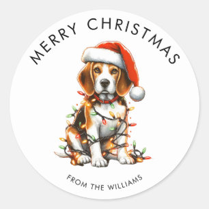 Pegatina Redonda Perro Beagle Envuelto en Luces de Navidad