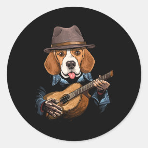 Pegatina Redonda Perro Beagle Jugando A La Guitarra Mascota Beagle