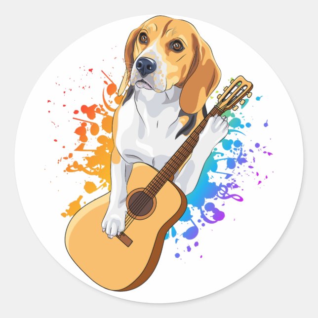 Pegatina Redonda Perro Beagle Tocando Guitarra Acústica (Anverso)