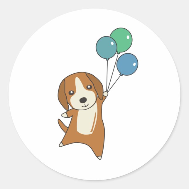 Pegatina Redonda Perro Beagle vuela con globos (Anverso)