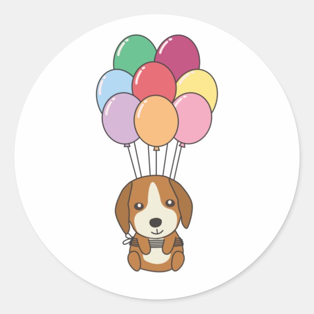 Pegatina Redonda Perro Beagle vuela con globos coloridos (Anverso)