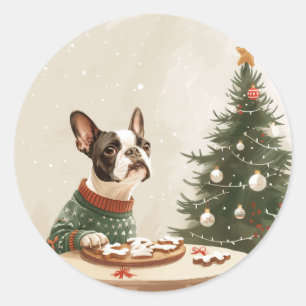 Pegatina Redonda Perro Boston Terrier de Navidad