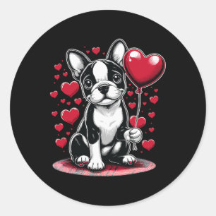 Pegatina Redonda Perro Boston Terrier Día de San Valentín Dueño de