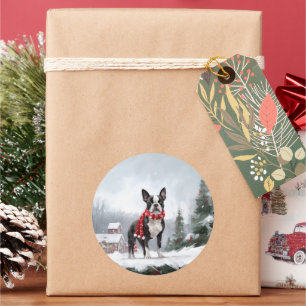 Pegatina Redonda Perro Boston Terrier en Navidad de nieve