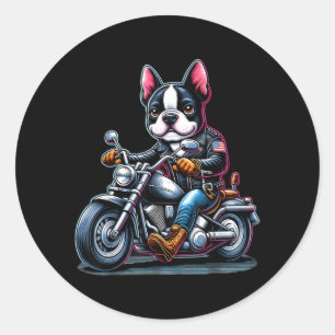 Pegatina Redonda Perro Boston Terrier Motociclista en Motocicleta