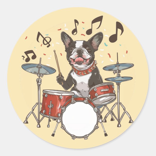 Pegatina Redonda Perro Boston Terrier tocando la batería (Anverso)
